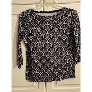Talbots Petite Womens 3/4 Sleeve Top Navy Blue Floral‎ Fan Print Size P
